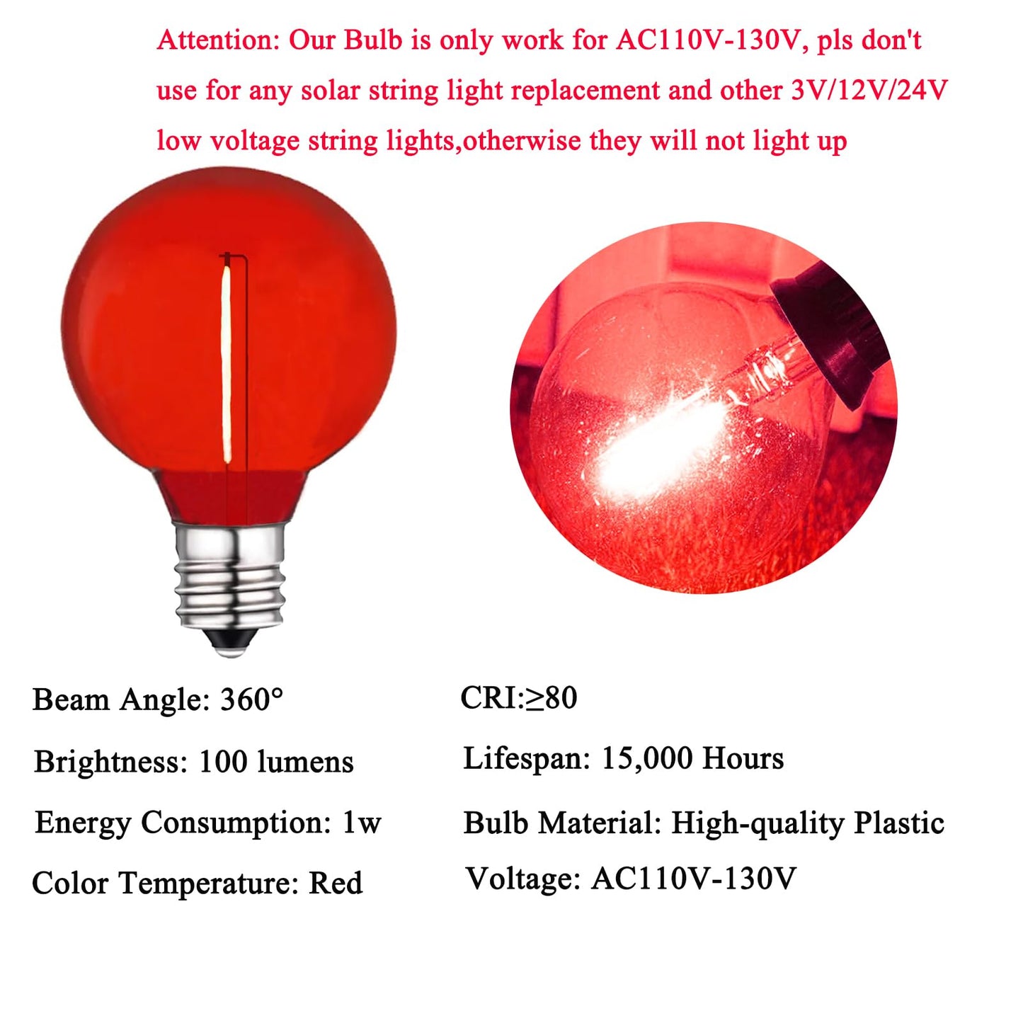 LRSUEYSKIN G40 Red LED Bulb 1W Replacement Light Bulbs Shatterproof Waterproof LED Outdoor String Lights Decorative Night Light E12/C7 Candelabra Base