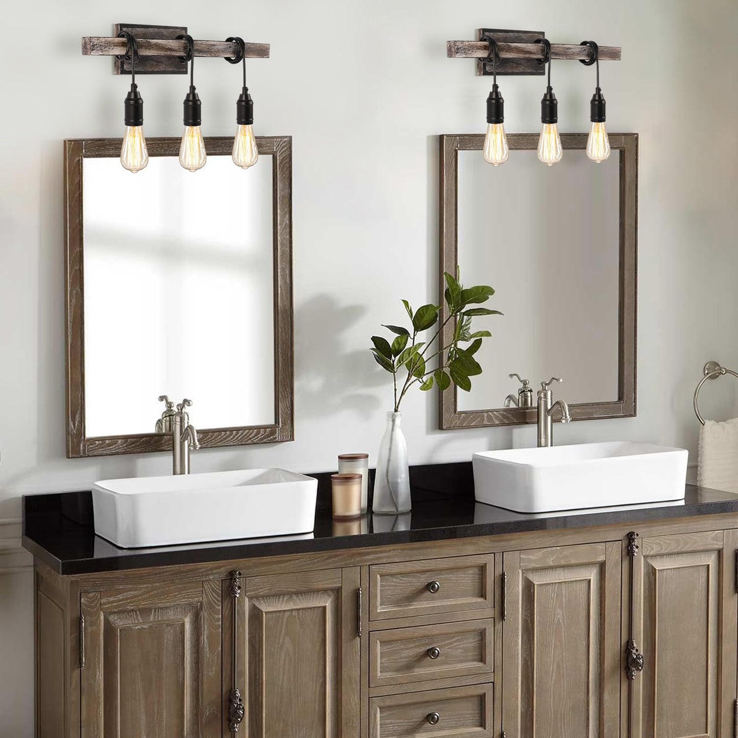 LMSOD 3 Lights Vintage Wall Sconce, Farmhouse Industrial Bare Bulb Wire Wrapped Wood Beam Linear Bathroom Vanity Light