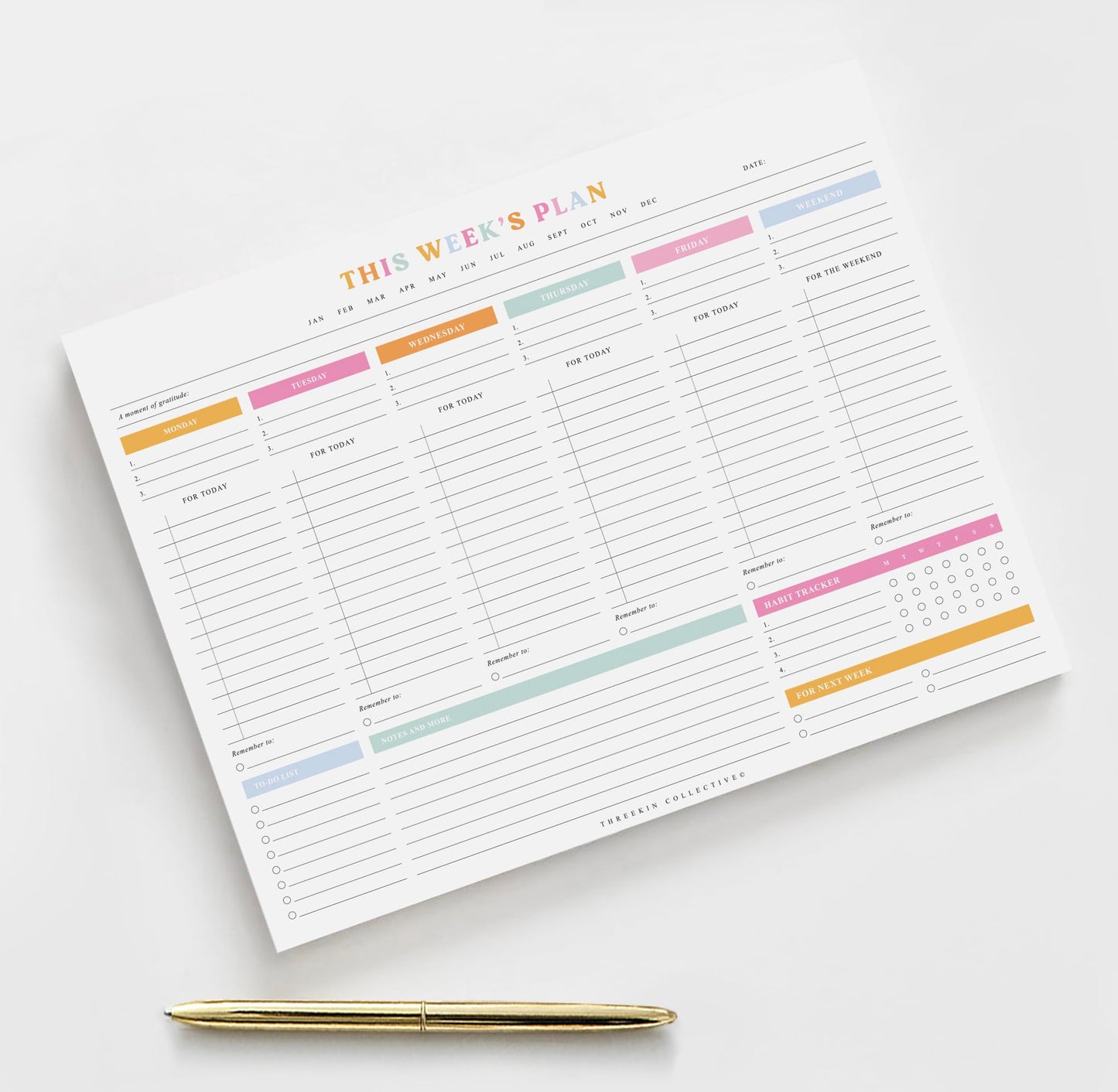 ThreeKin Weekly Planner - Premium 52-Sheet Tear-Off Notepad, 8.5 x 11 inches, Clean Colorful Design, Perfect for Work, School, Projects,