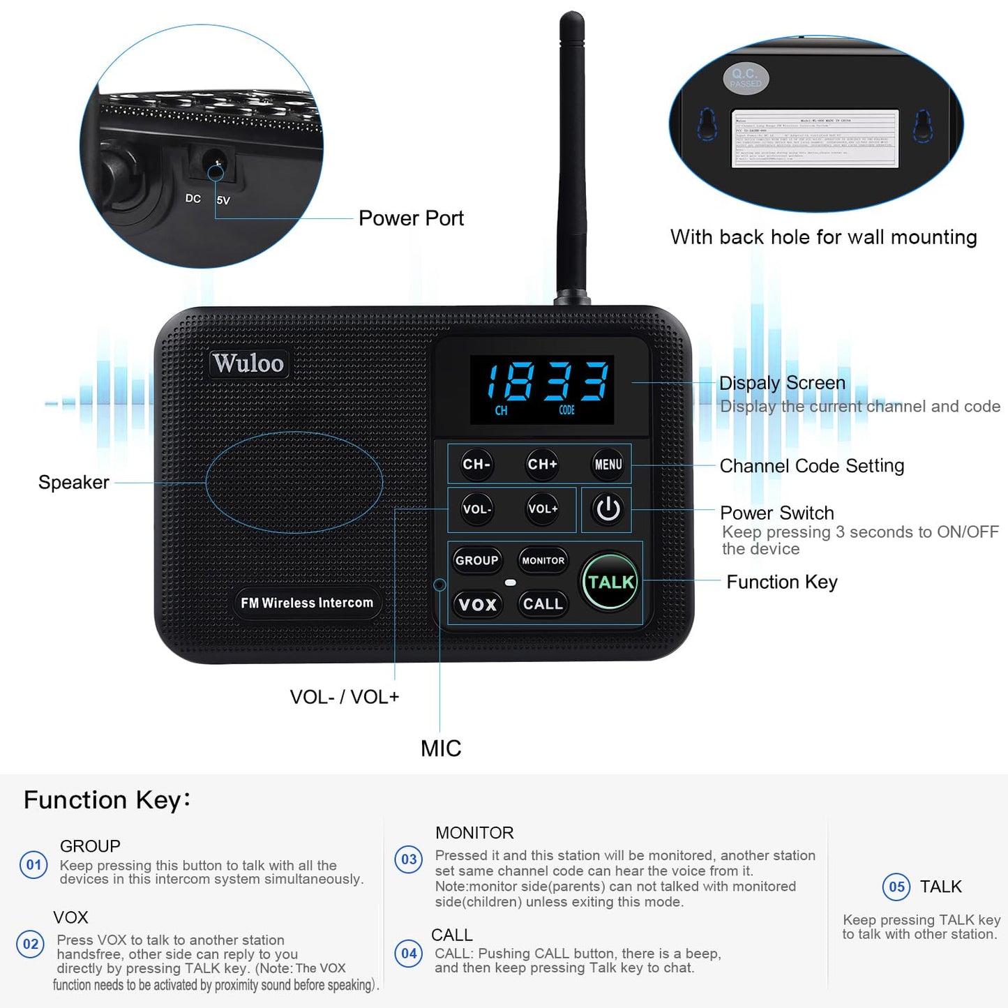 Wuloo Intercoms Wireless for Home 1 Mile Range 22 Channel 100 Digital Code Display Screen, Wireless Intercom System for Home House Business Office