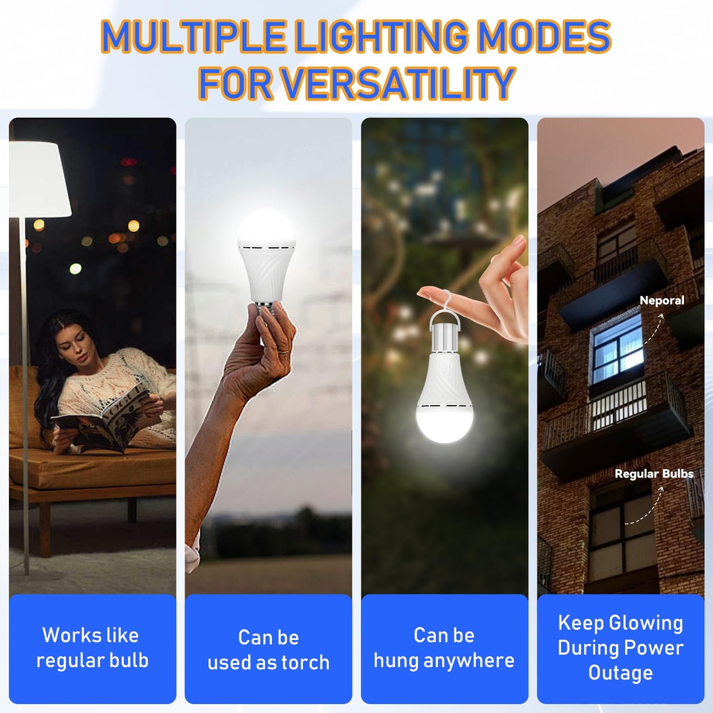 Neporal LITE Emergency Rechargeable Light Bulbs A19, Light Up to 48 hrs, Battery Operated Light Bulb, 5000K E26 LED Bulb, Emergency Lights for Home
