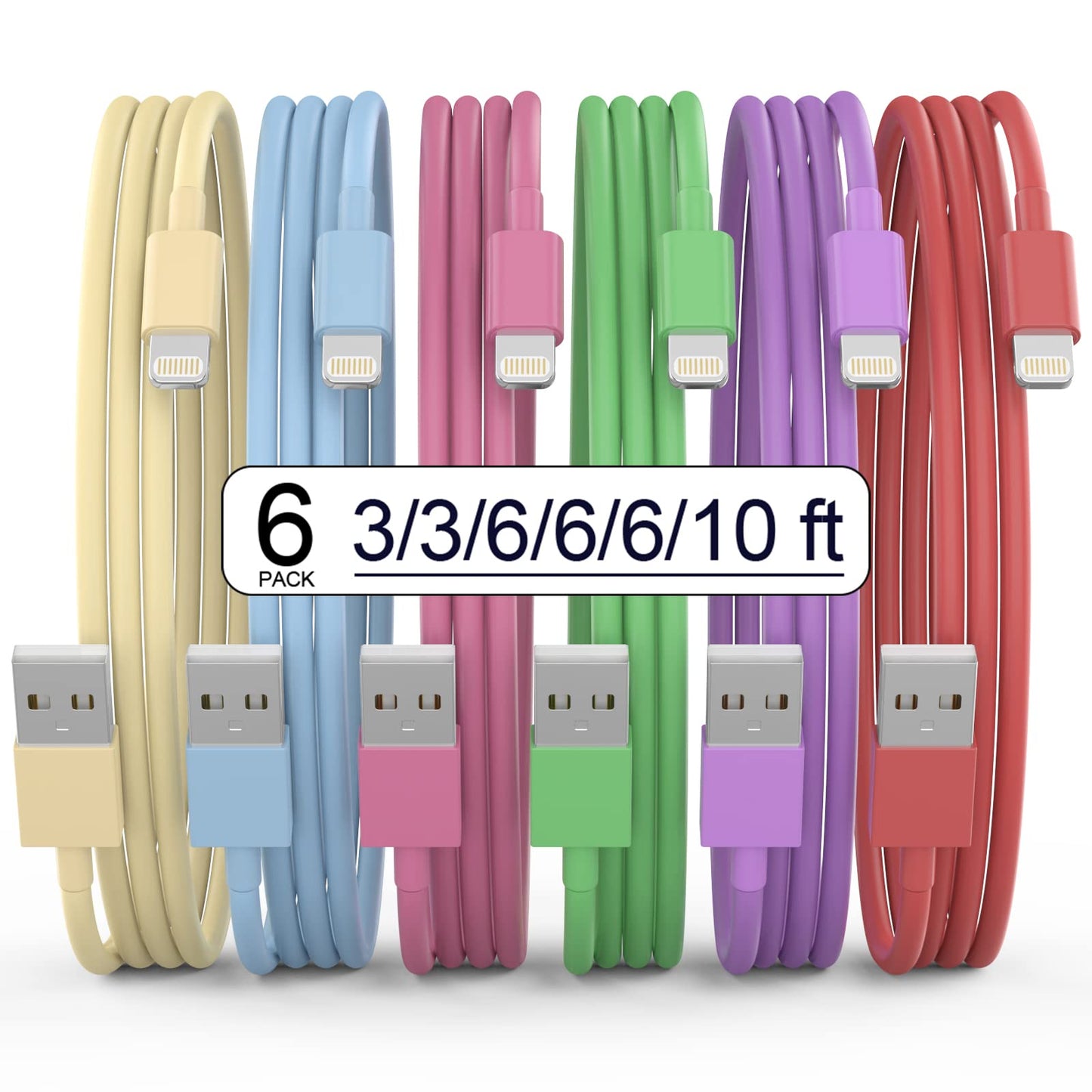 [Apple MFi Certified] iPhone Charger, 6Pack(3/3/6/6/6/10 FT) Lightning Cable Apple Charging Fast High Speed USB Compatible 14/13/12/11 Pro Max/XS…