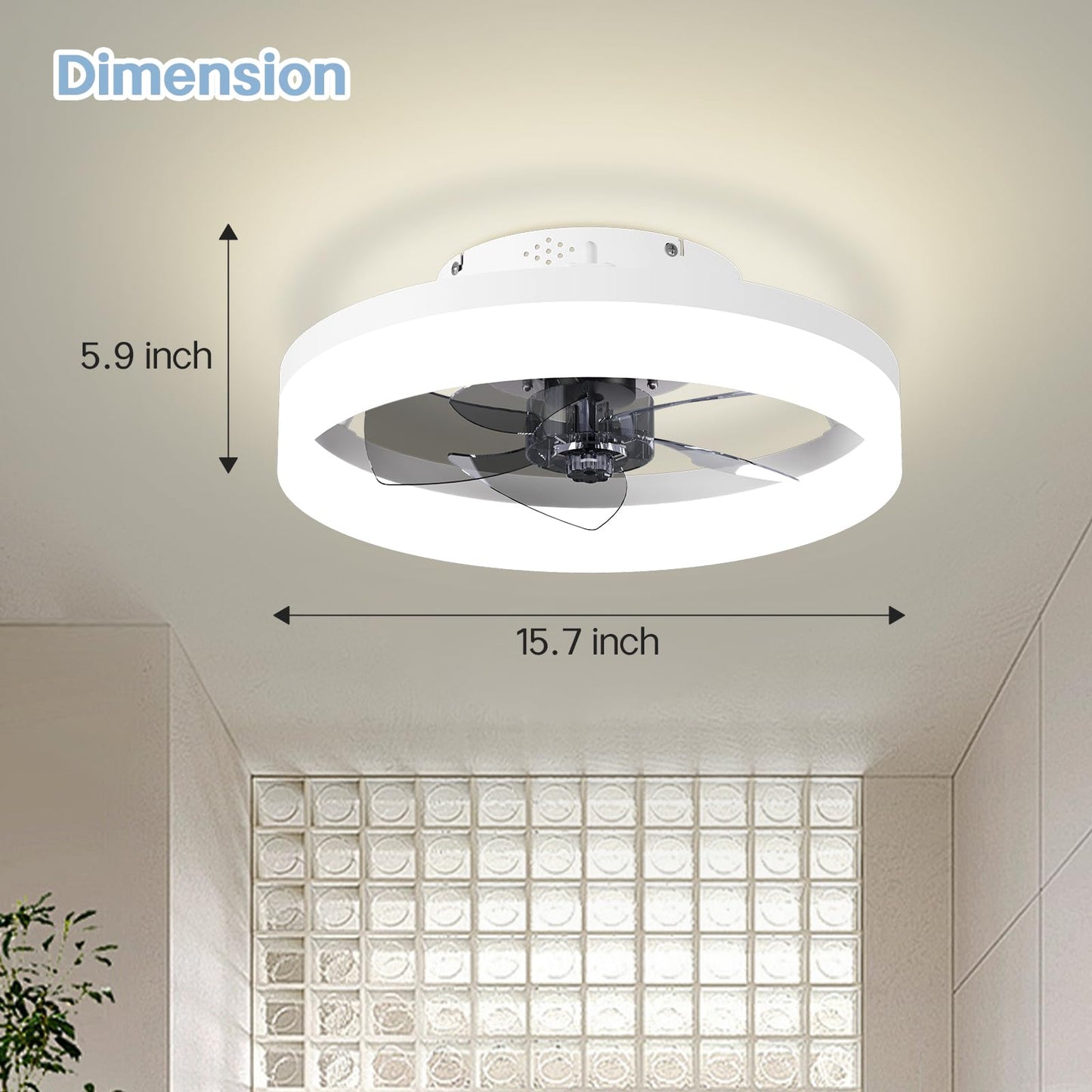 Ceiling Fans With Lights 15.7in, Low Profile Ceiling Fan Flush Mount With Remote, Dimmable LED 3 Color 6 Speeds Timing, Reversible Bladeless Modern