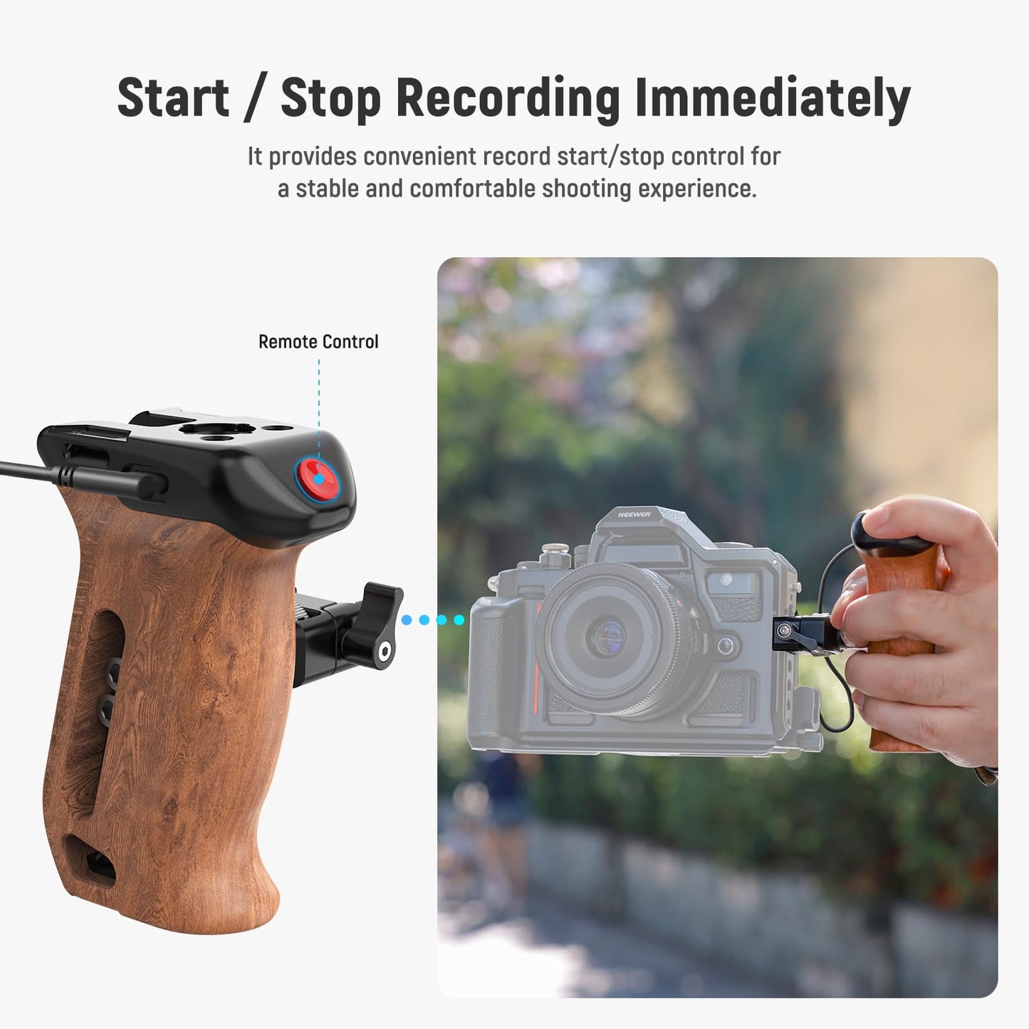 NEEWER Wooden Side Handle with Record Start/Stop Remote Trigger NATO Clamp 1/4" & 3/8" Threads Vertical Adjustment 22lb Load Compatible with SmallRig