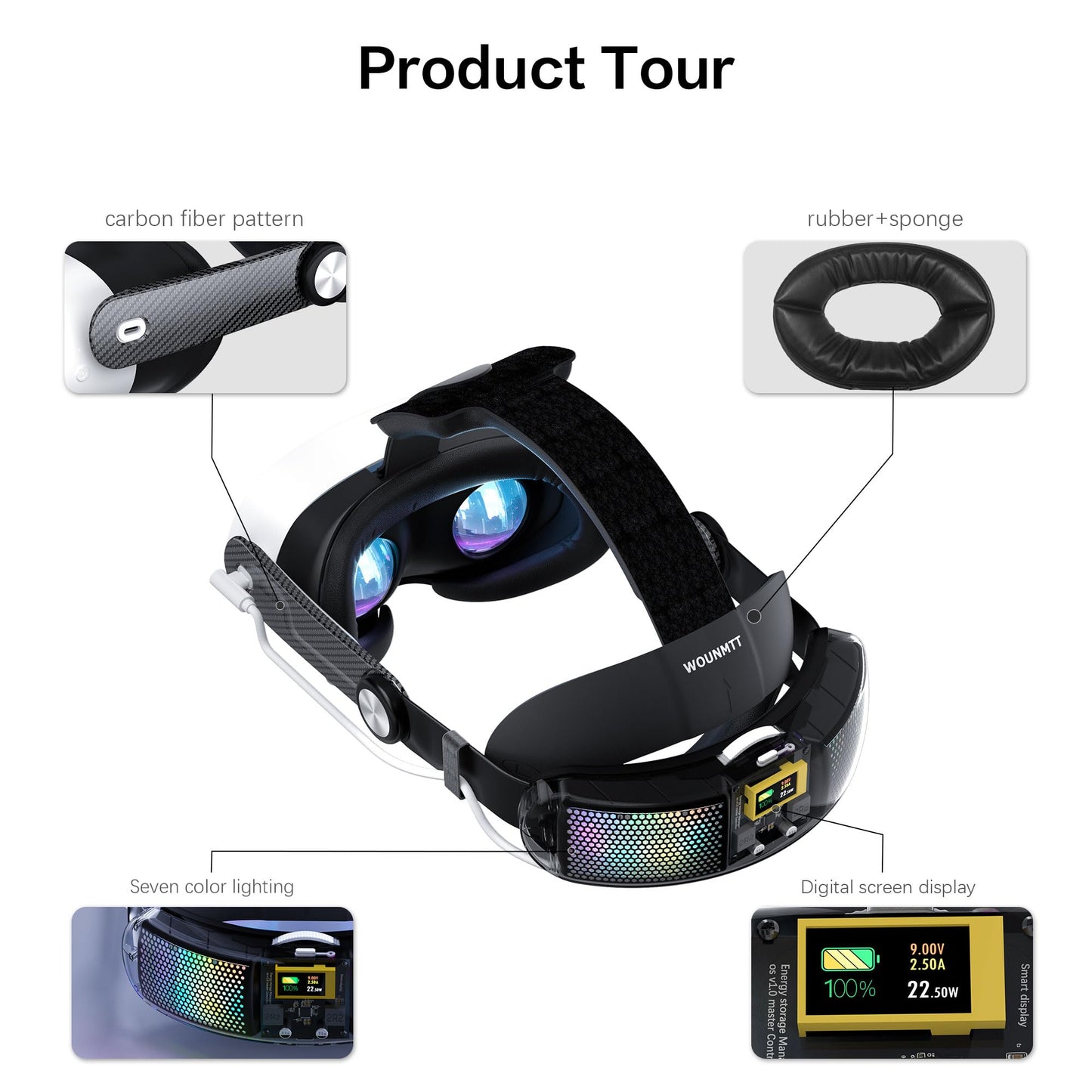 WOUNMTT Head Strap with 10000mAh Battery for Meta Quest 3/3S - Transparent RGB Lighting, Smart Power Display & Carbon Fiber Finish, Adjustable VR