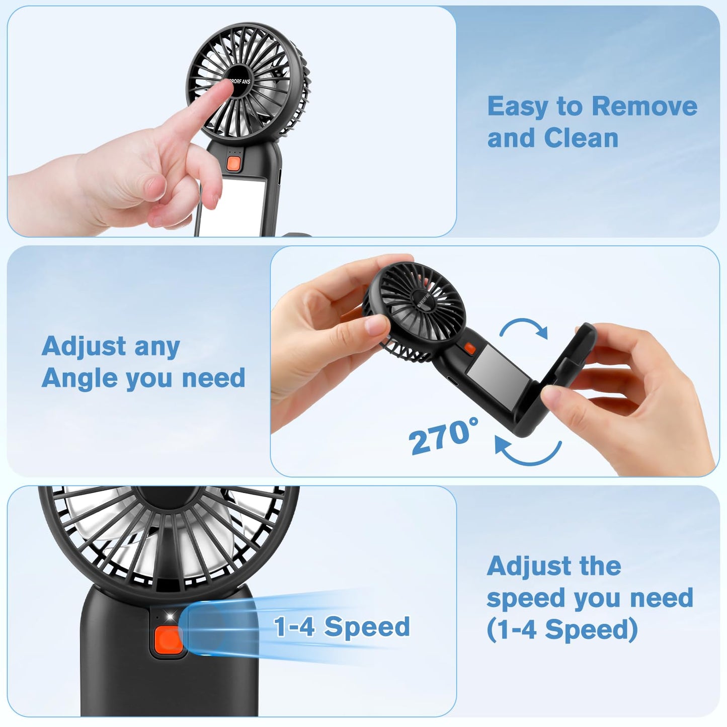 Breezefan Portable Handheld Fan, Mini Fan with Mirror, USB Rechargeable Desk Fan, 4 Speed Adjustable Battery Powered, Portable for Travel, Home