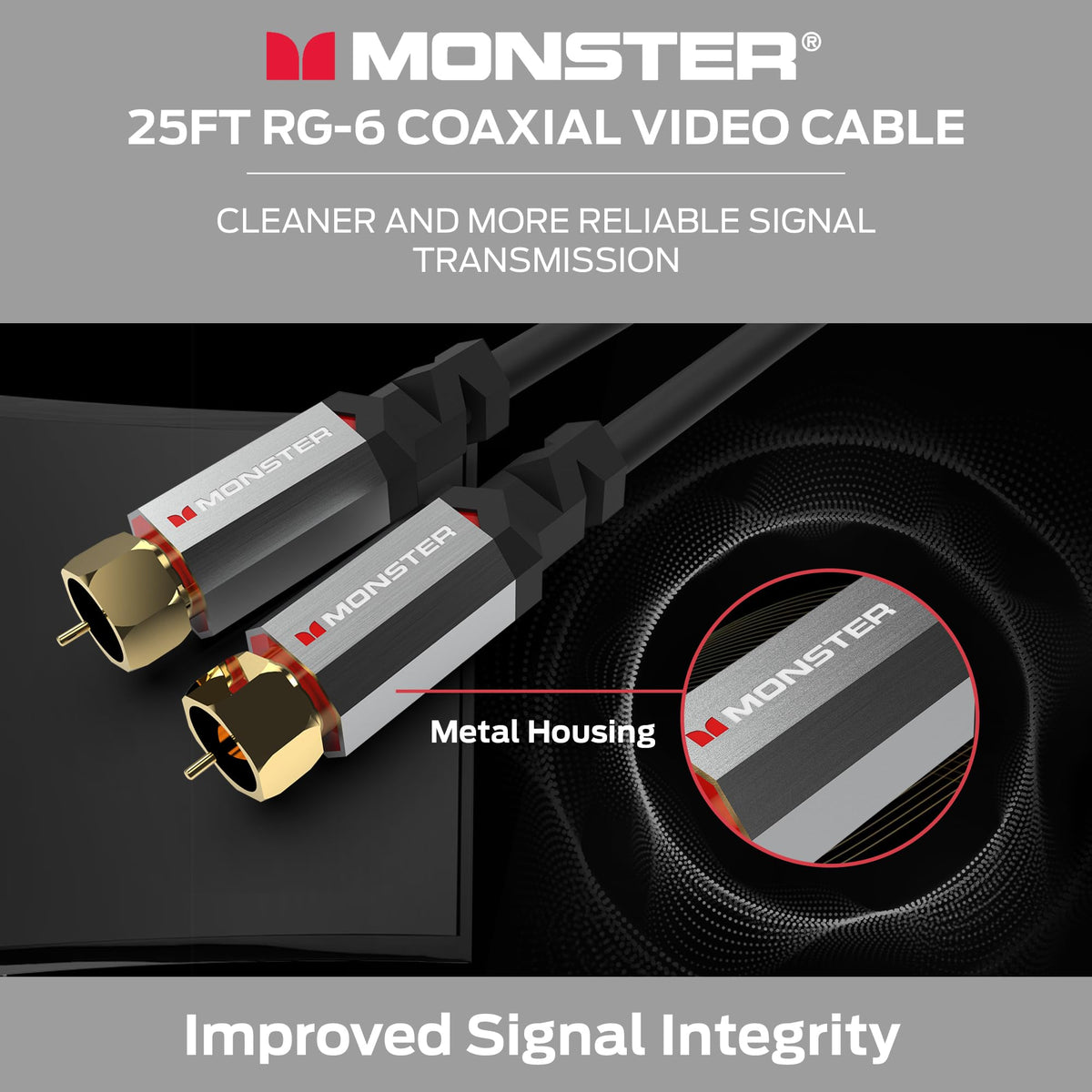 Monster Essentials RG-6 Coaxial Cable, 25ft, Gold-Plated F-Pin Connector, Duraflex Jacket, Shielded Cable for TV, Satellite, and Internet Modem Connections