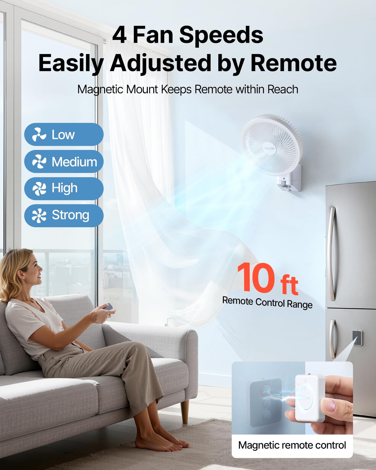 VEVOR 8.5 in Wall Mount Fan, Oscillating Hanging Fan with Remote Control, 10 ft Powerful Airflow, DC Motor, 4 Speeds & Timer, Auto 90° Horizontal