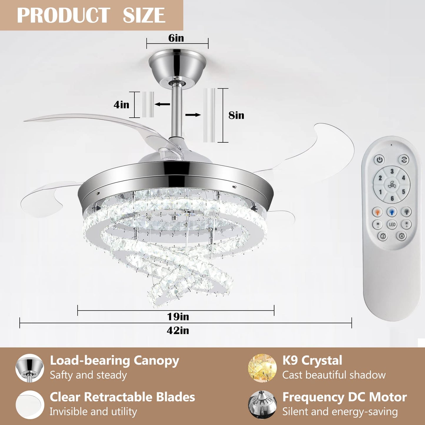 42" Crystal Ceiling Fan with Lights,Modern DIY Crystal Chandelier Ceiling Fan with Remote Control,Invisible Retractable Ceiling Fan for Living Room