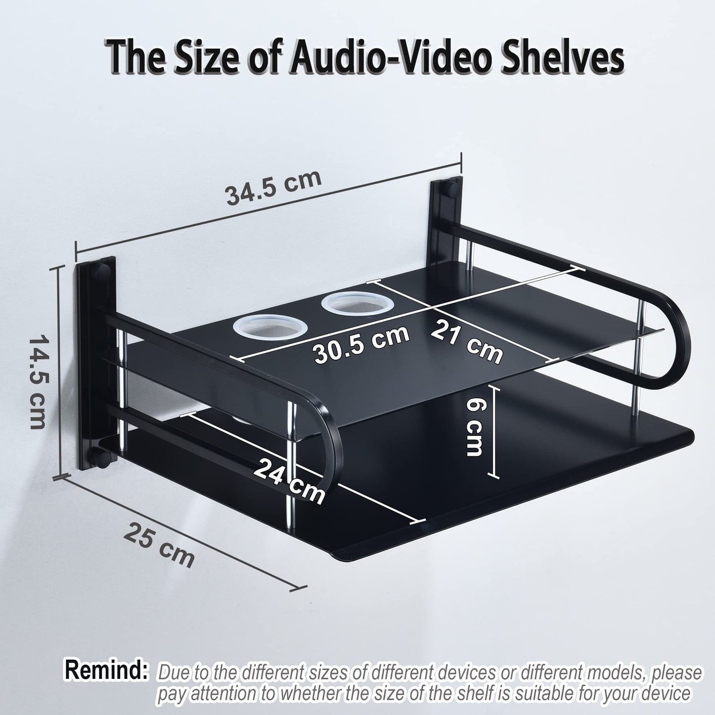 HNVNER Universal Media Shelf with Cable Holes for Entertainment 2-Tier Metal Floating Wall Shelves for Media Such as Router, Modem, Remote, Cable
