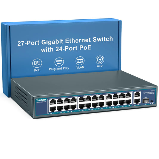 24 Port Gigabit PoE Switch Unmanaged, YuanLey 27-Port Gigabit PoE with 2 Uplink & 1 SFP, Rackmout, Build in 400W Power, Support 802.3af/at, Plug