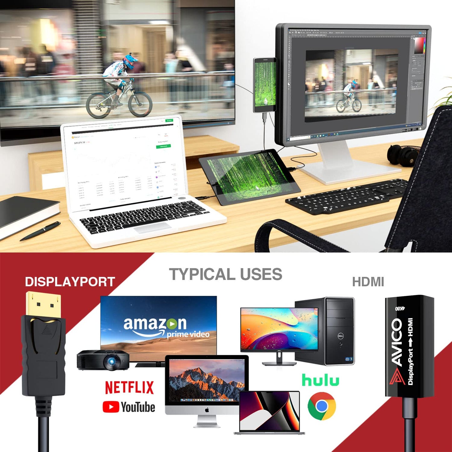 Avico DisplayPort 1.2 to HDMI 2.0 Adapter - 4K 60hz HDR - 2K 144hz - 1080P 240hz - 6ft Cable - for Monitors, TVs, PCs, MacBooks, Projectors
