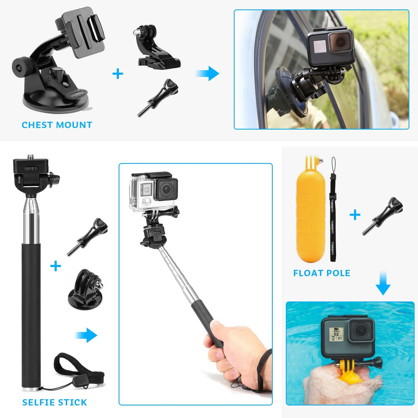 Luxebell Action Camera Accessory Kit for GoPro Hero Black Silver 13 12 11 10 9 8 7 6 5 4 Session Max Akaso Xiaomi Accessories Tripod Head Chest Bike