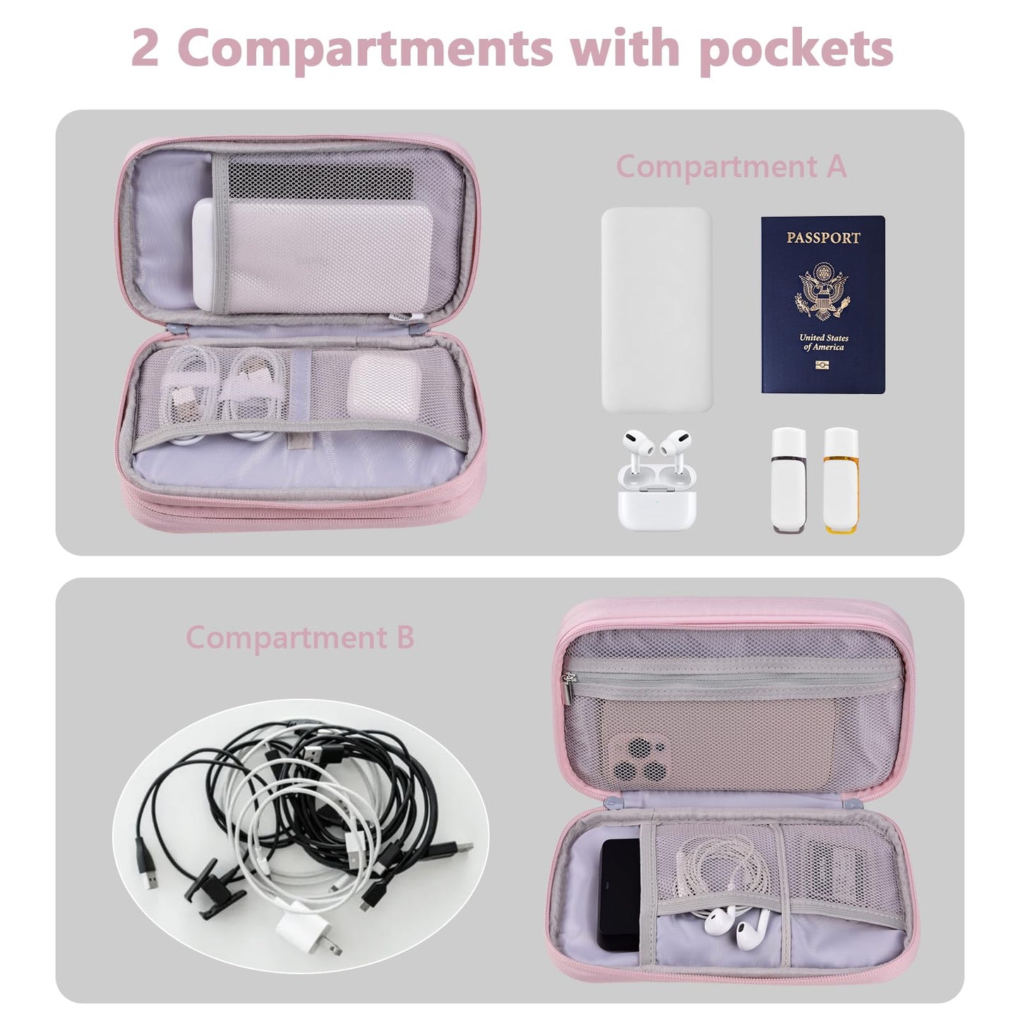 Weemia Tech Organizer Travel Carrying Case Cables Pouch Organize and Storage Accessories Electronics Cords Charger Cell Phone Power Bank (Pink-Soft-M)