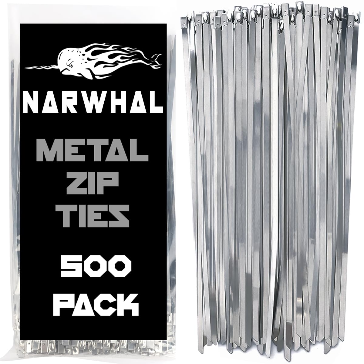 Narwhal Metal Zip Ties (Bulk 500 Pack - Industrial Grade) Heavy Duty 198 lb Tensile Strength - Self Locking - Perfect for Exhaust Wrap, Automotive