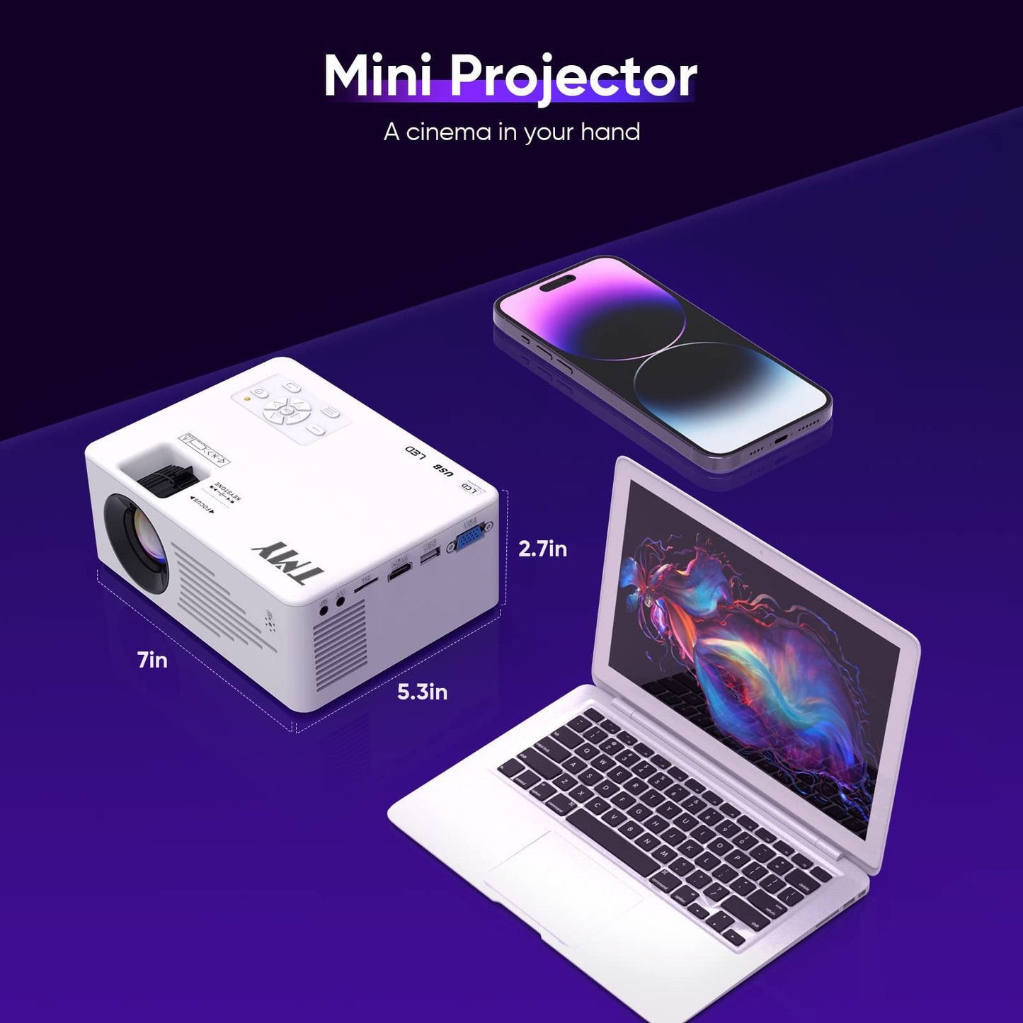 TMY Mini Projector for iPhone, Portable Projector with 5G WiFi and Bluetooth, 1080P HD Projector for Indoor & Outdoor Movies, Home Theater, Camping