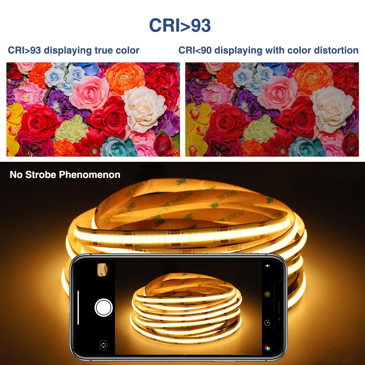 Ustarus COB LED Strip Lights White 32.8ft, Dimmable Tunable White 2700K-6500K, No Spot Continuous LED Light Strip, CRI93+, RF Remote, Flexible LED
