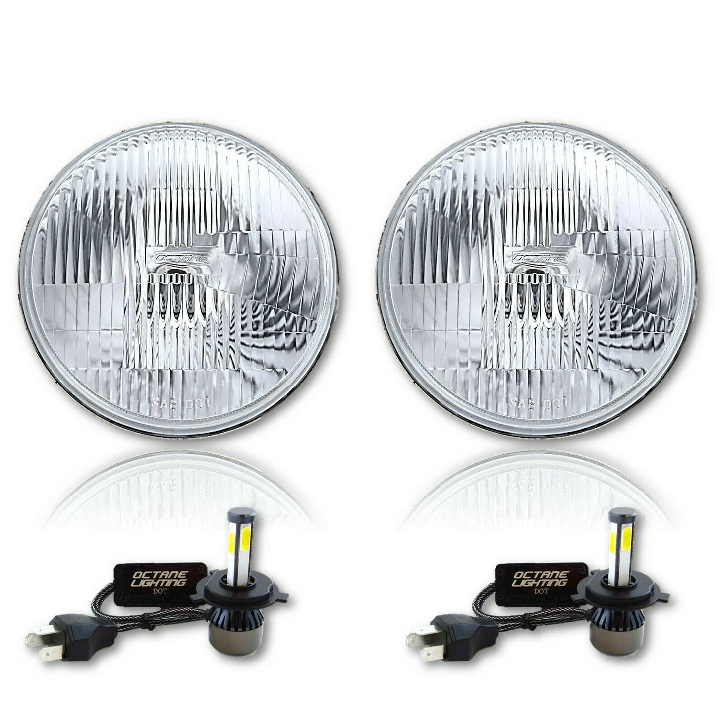 Octane Lighting 7 Inch Stock Style H4 Glass Headlight LED 4000 Lumens 20/40w Light Bulb Headlamp Pair