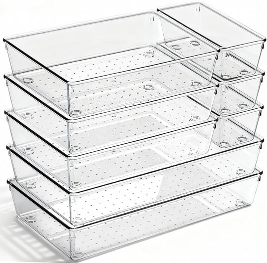 8 Pack Large Clear Plastic Drawer Organizer Bins - Acrylic Bathroom Drawer Organizer Trays - Heavy Duty Kitchen Drawer Dividers for Utensils