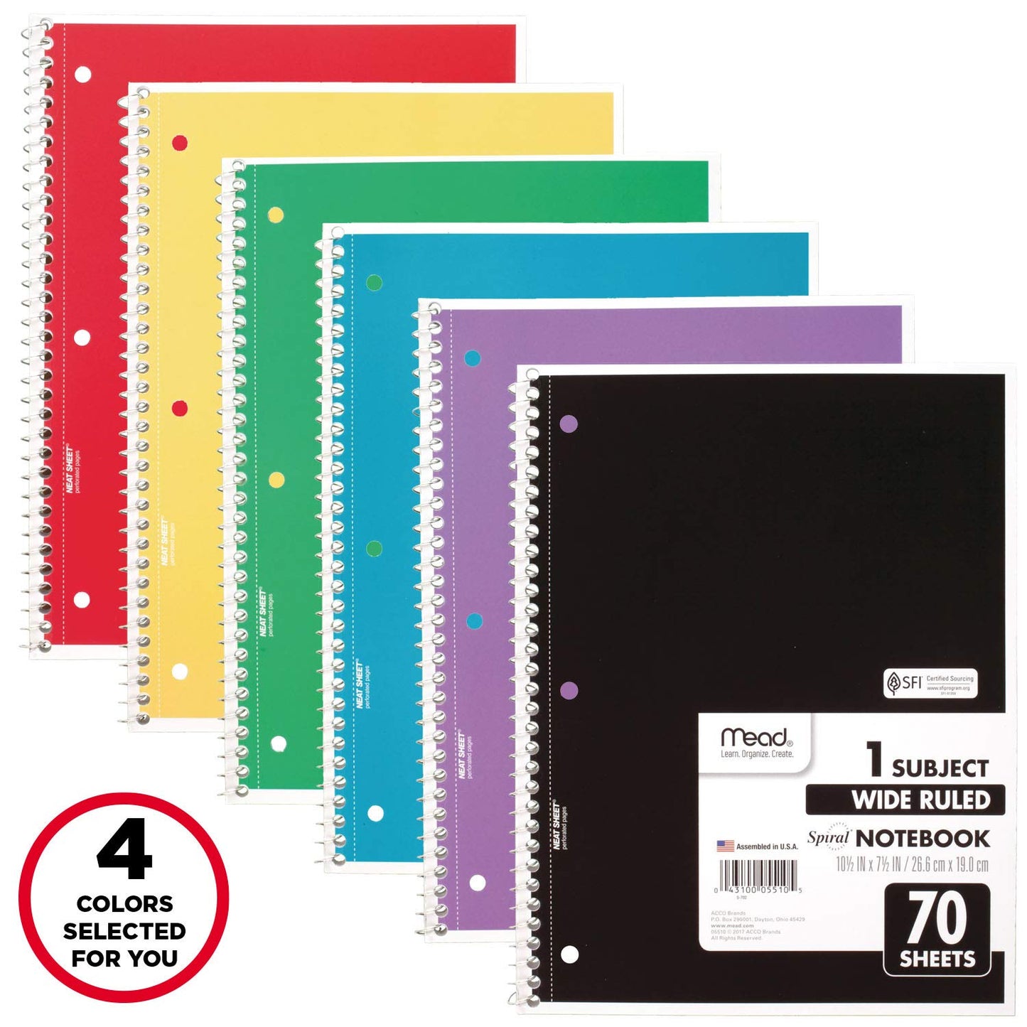 Mead Spiral Notebook, 4 Pack, 1 Subject, Wide Ruled Paper, 7-1/2" x 10-1/2", 70 Sheets per Notebook, Colors Will Vary (930200-ECM25)