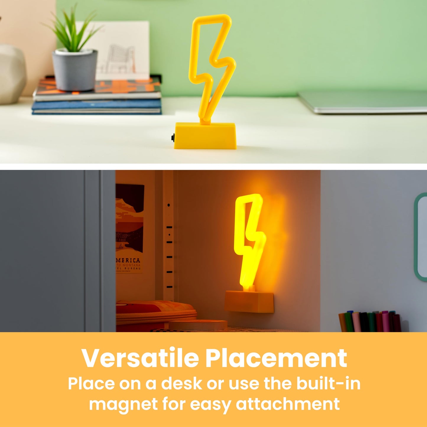 Magnetic Lightning Bolt Neon LED Light for Locker, Bedroom & Dorm Decor, Battery Operated Night Light for Kids, School & Fridge - LockerMate by