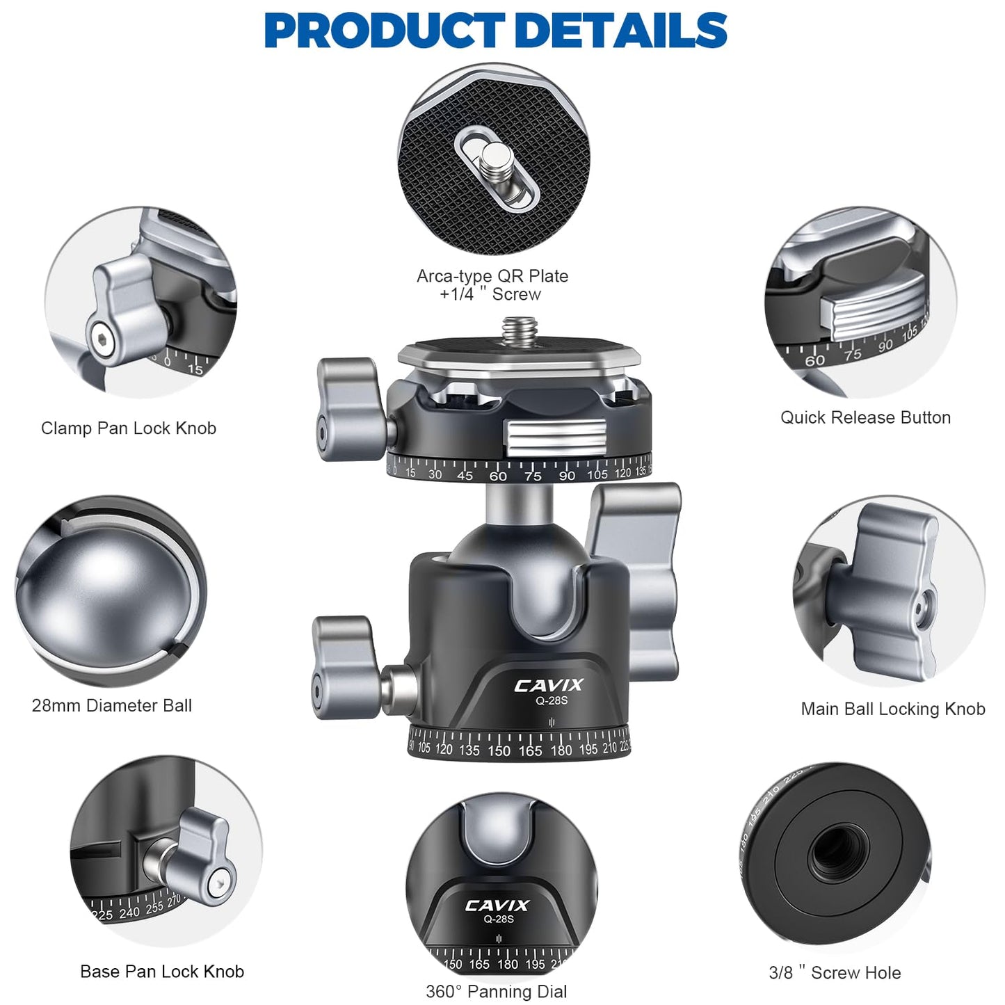 CAVIX Ball Head, Tripod Ball Head Mount 1/4" & 3/8" with Arca Quick Release Plate, 360° Rotating Panoramic Ball Head for DSLR
