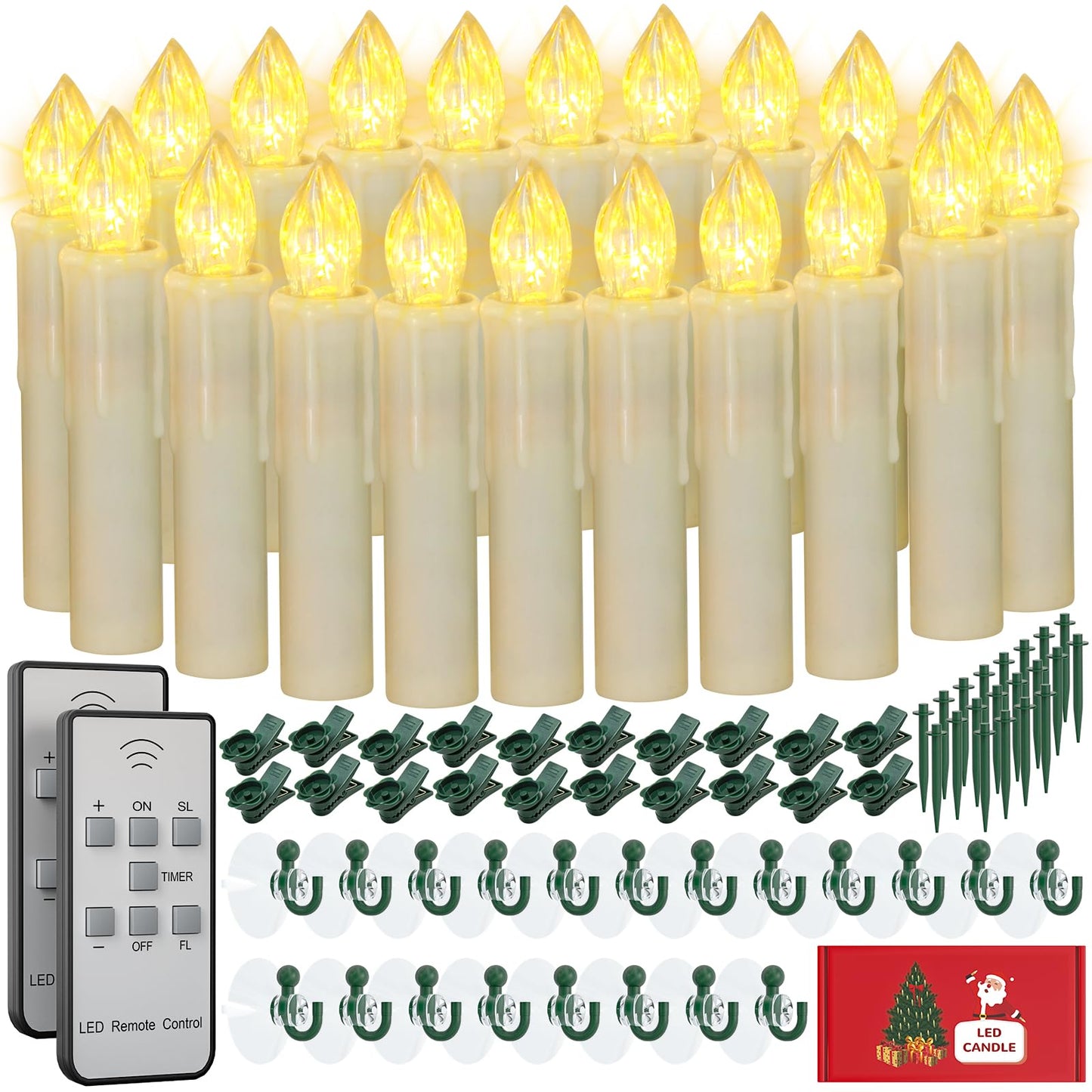 PChero Window Candles Battery Operated with Timer Remote, 20 Pcs Christmas Flameless Candles, Waterproof Flickering Taper Candles for Window