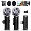 Wireless Mini Microphone for iPhone, iPad, Android, 2 Pack Lavalier Mic with 360° Rotatable Clip, Plug and Play Noise Reduction USB-C Mic for Video