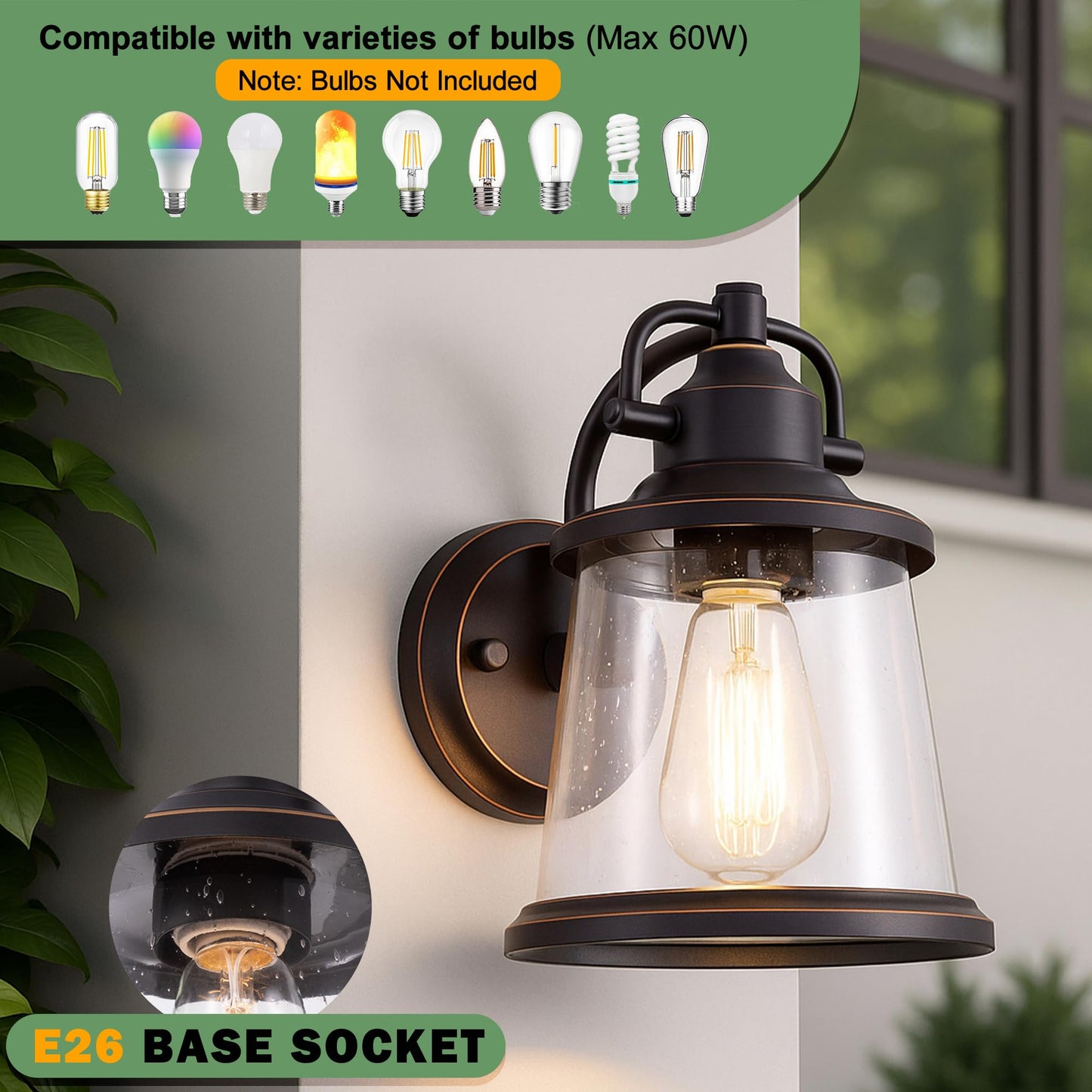 GRUENLICH Outdoor Wall Lantern, Wall Sconce as Porch Lighting Fixture, E26 Medium Base, Metal Housing Plus Seeded Glass, Oil Rubbed Bronze Finish