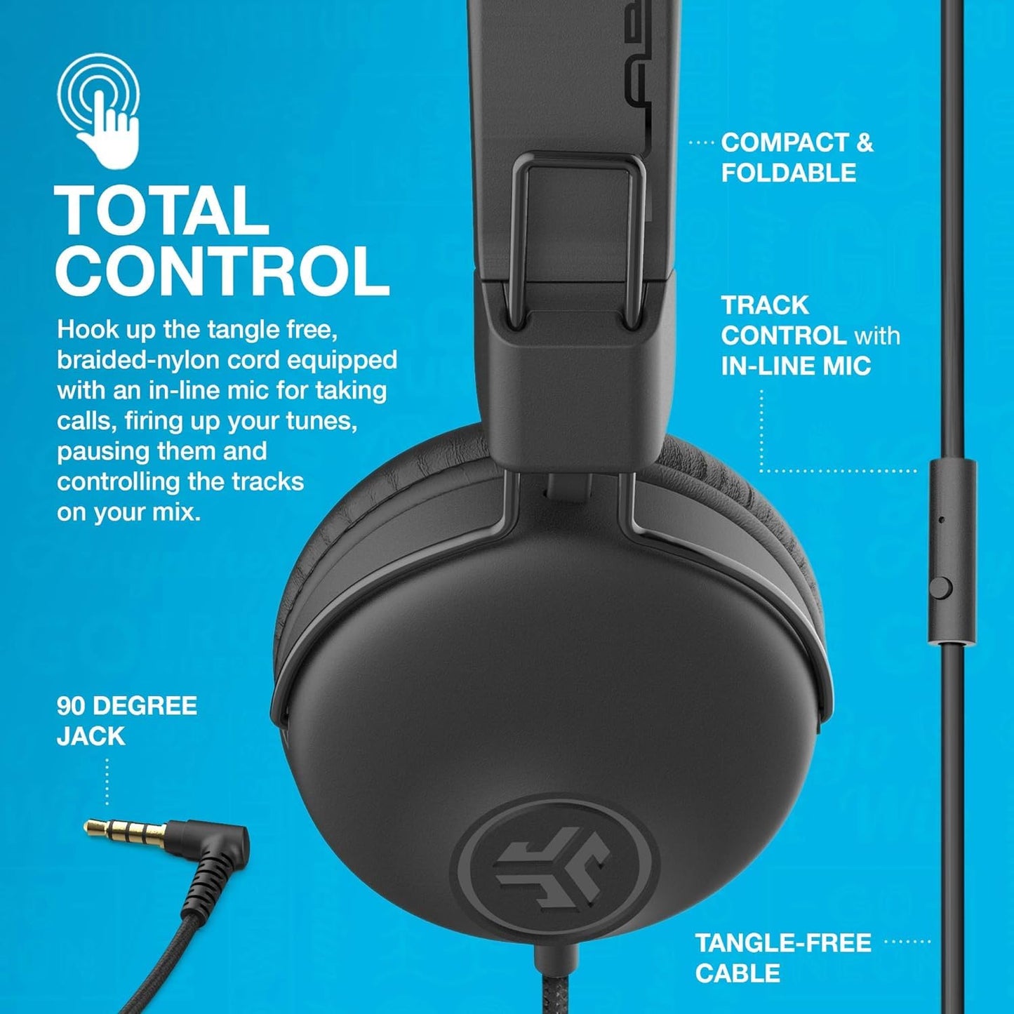 JLab Studio on-Ear Headphones with 40mm Drivers, Tangle-Free Braided Cord, Foldable, Black