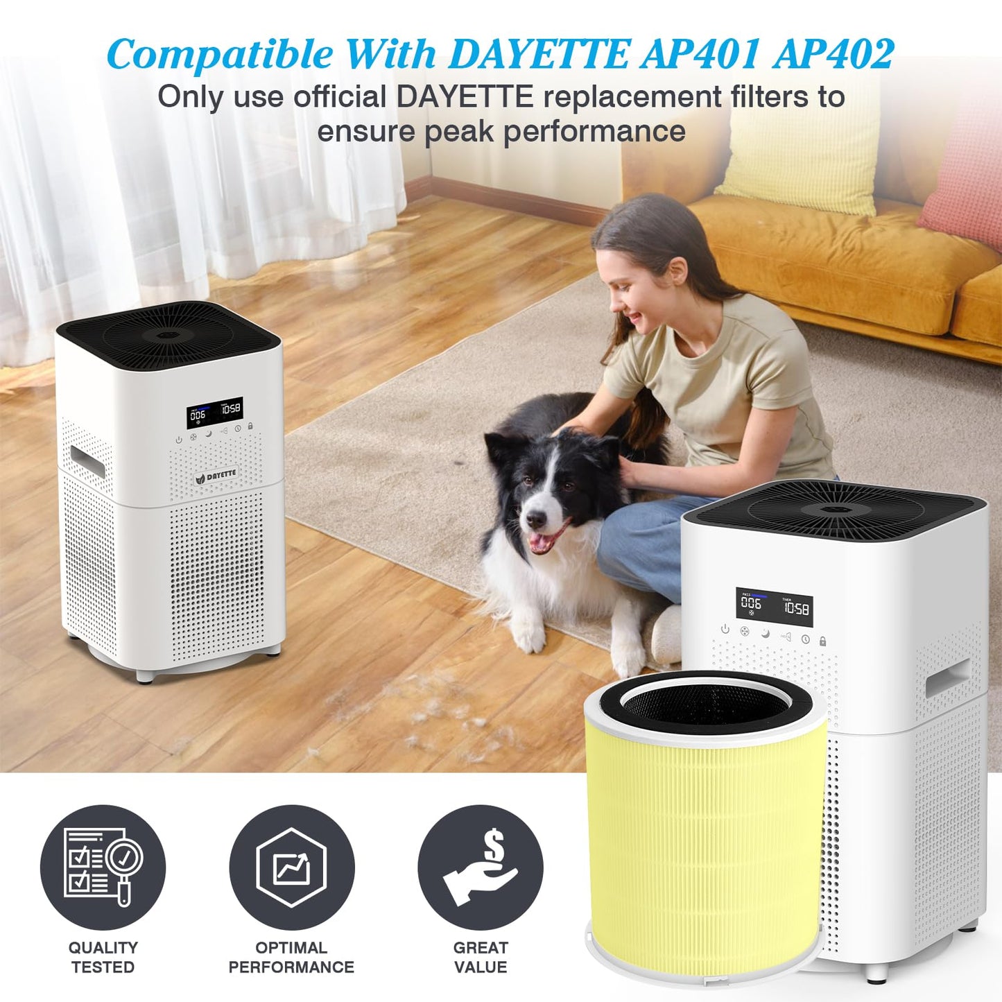 Pet Dander Odor H14 Replacement Filter Compatible with DAYETTE Air Purifier AP401 AP402, 4-in-1 H14 Grade True HEPA, High-Efficiency Activated Carbon