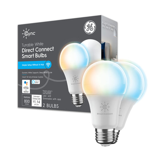 GE Lighting CYNC Smart Tunable White A19 LED Light Bulb, 60W Replacement, Bluetooth/Wi-Fi Enabled, Alexa + Google Home Compatible Without Hub, 2-Pack