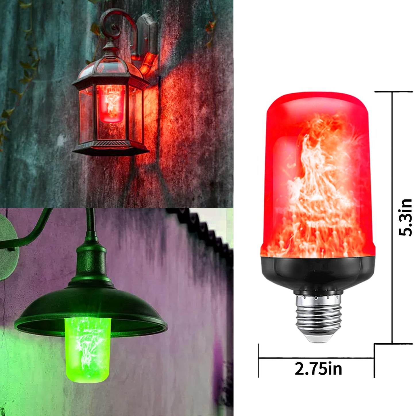JAHEKS Red Green Flame Light Bulbs, Flickering Light Bulb with 4 Modes Upside Down Effect, 5W E26 Base LED Fire Lights for Christmas Halloween, Indoor