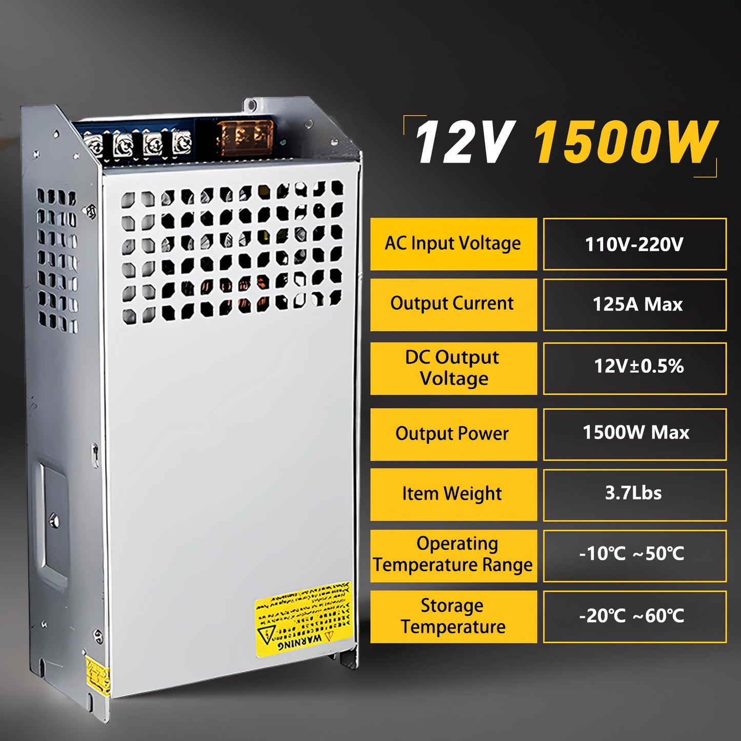 SWTPWR 12V 125A 1500W AC to DC Converter - 110V/120V to 12V Transformer LED Driver with Smart Cooling Fan for LED Strip, CCTV, and Car Devices