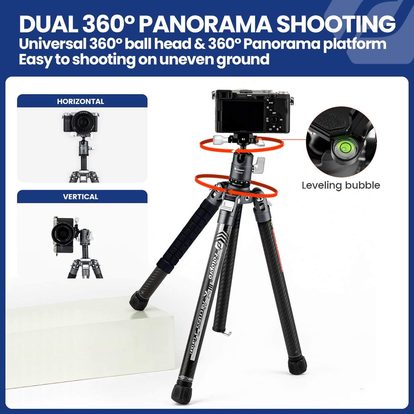 Fotopro Carbon Fiber Tripod for Camera 2lbs Ultralight 62 Inch Travel Camera Tripod Max Loads Up 22lbs X-Aircross 3 Grey