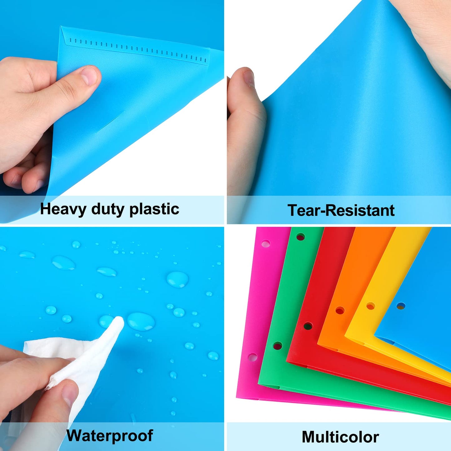 6 Pack Colored Folders with Pockets 3 Hole Punched, Plastic, Binder Folders