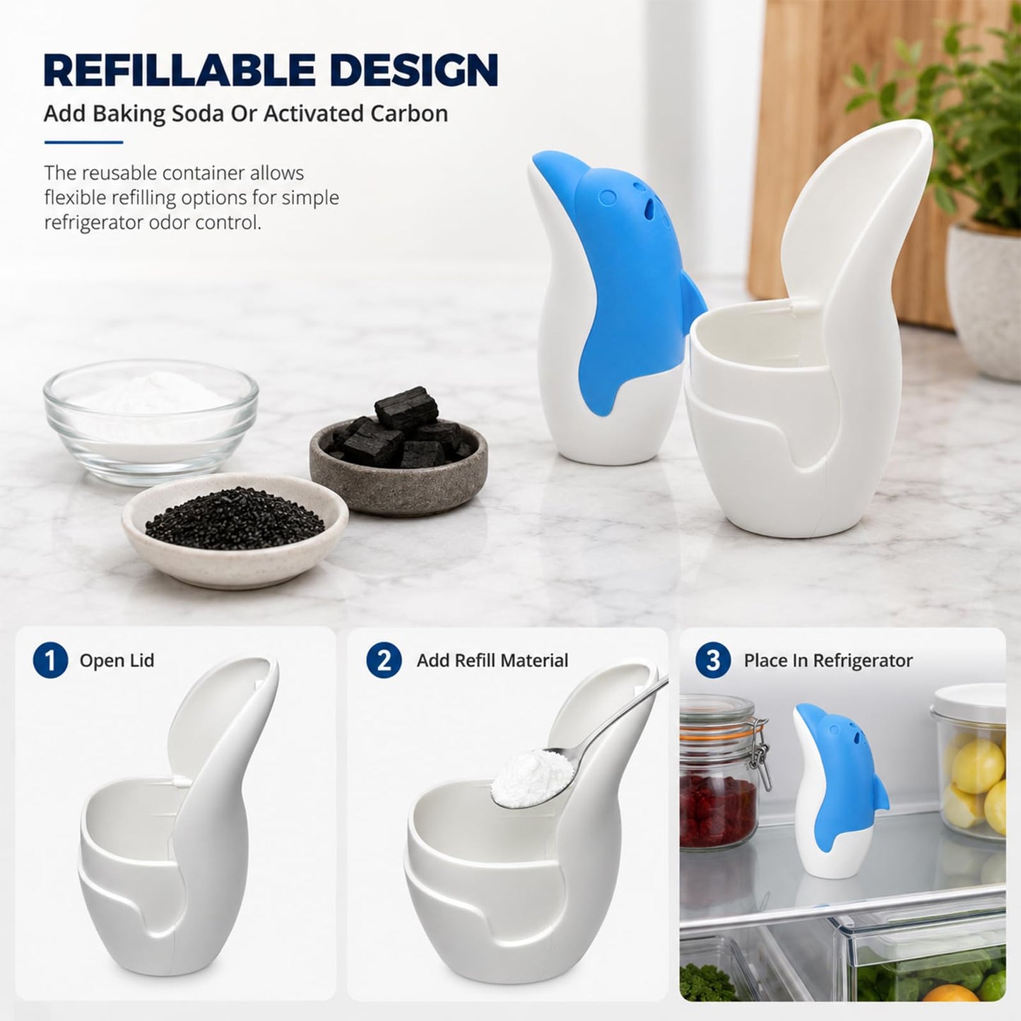 Asltw Refrigerator Deodorizer Box, Dolphin Design Refillable Absorber(Blue)
