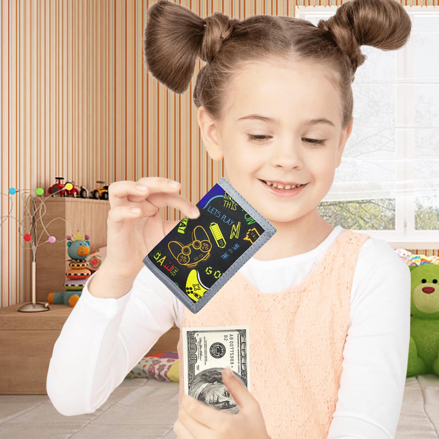 AI-DEE RFID Trifold Canvas Wallet for Kids – Outdoor Sports Front Pocket Wallet with Magic Sticker, Triangle P