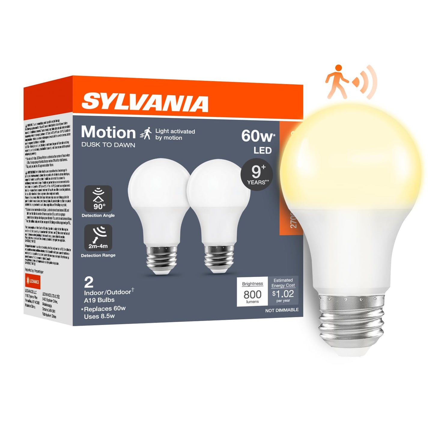 Sylvania A19 Dusk to Dawn LED Light Bulb with Motion Sensor, 8.5W = 60W, Frosted Finish, 90 CRI, Security/Safety Bulb, Damp-Rated, 2700K, Soft White