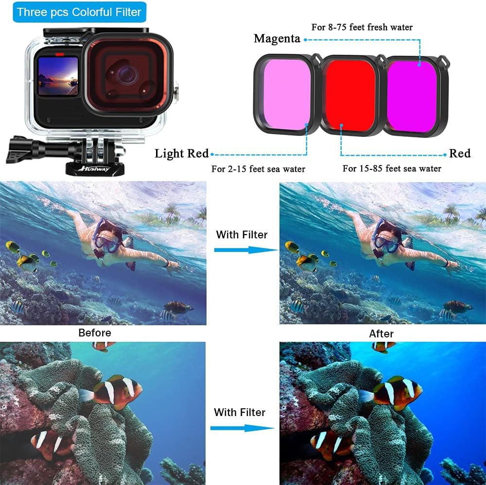 Husiway Accessories Kit for Gopro Hero 13 12 11 10 and 9 Black Battery Cover Door Waterproof Housing Silicone Case Glass Screen Protector Bundle