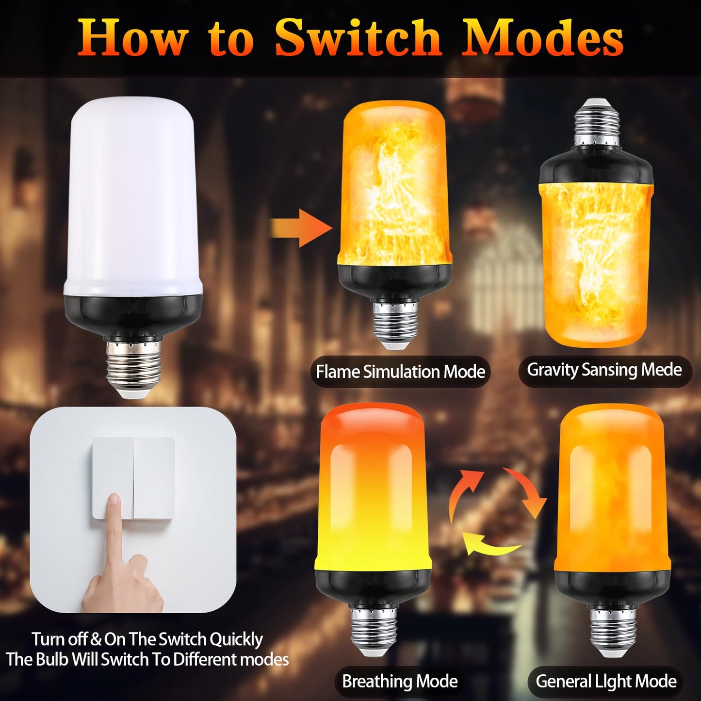 JAHEKS Flame Light Bulbs, Flickering Light Bulb with 4 Modes Upside Down Effect, 5W E26 Base Orange LED Fire Lights for Halloween Christmas, Indoor