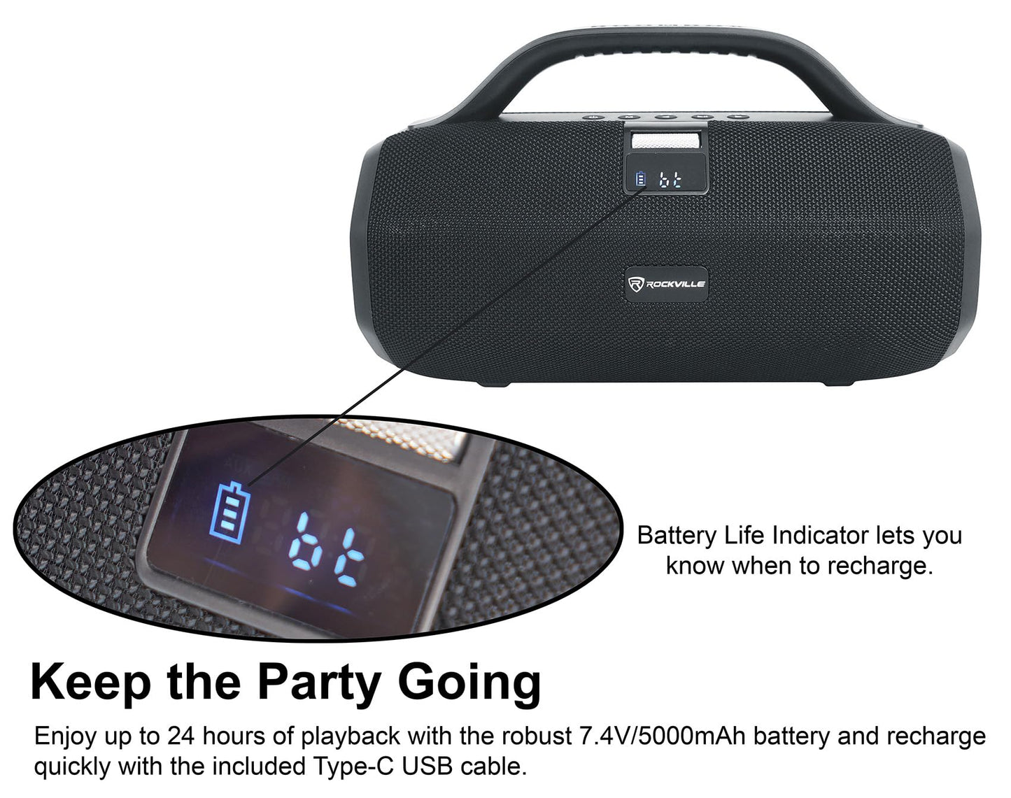 Rockville SONIC-50L Portable Bluetooth Speaker, 50W Stereo Sound, Dual LED Rings, IPX5 Water-Resistant, Upto 24-Hour Battery, TWS, USB/TF Card/AUX/Mic