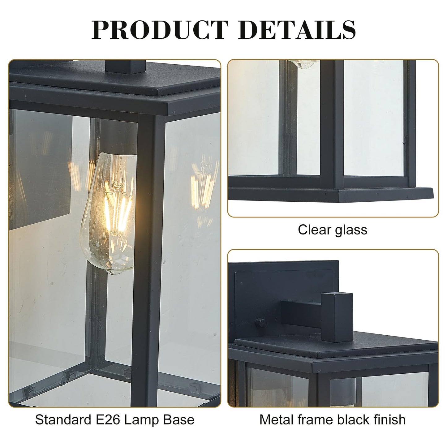 Directlux Outdoor Wall Light Fixtures,Waterproof Exterior Porch Sconces with E26 Sockets and Glass Shades, Modern Textured Black (8 inch)