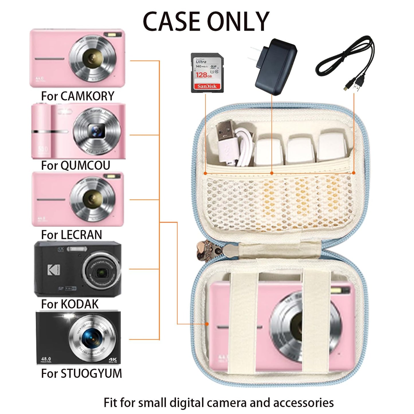 VNEIRY portable came cases Digital Camera Case for CAMKORY, Kodak, Canon & More - Small Travel Compact Pouch with Mesh Pocket for Accessories & SD