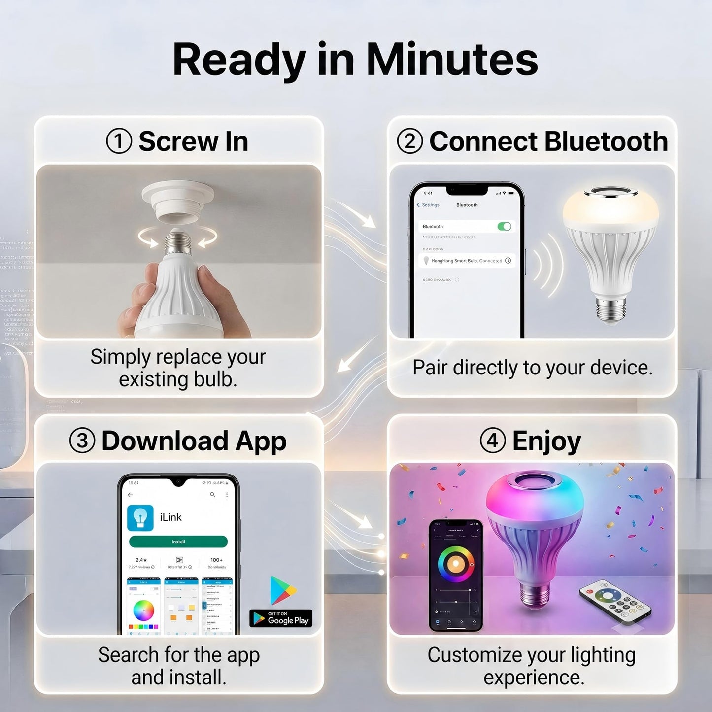 JETENCN E26 RGB Smart LED Bulb with Bluetooth Speaker, App & Remote