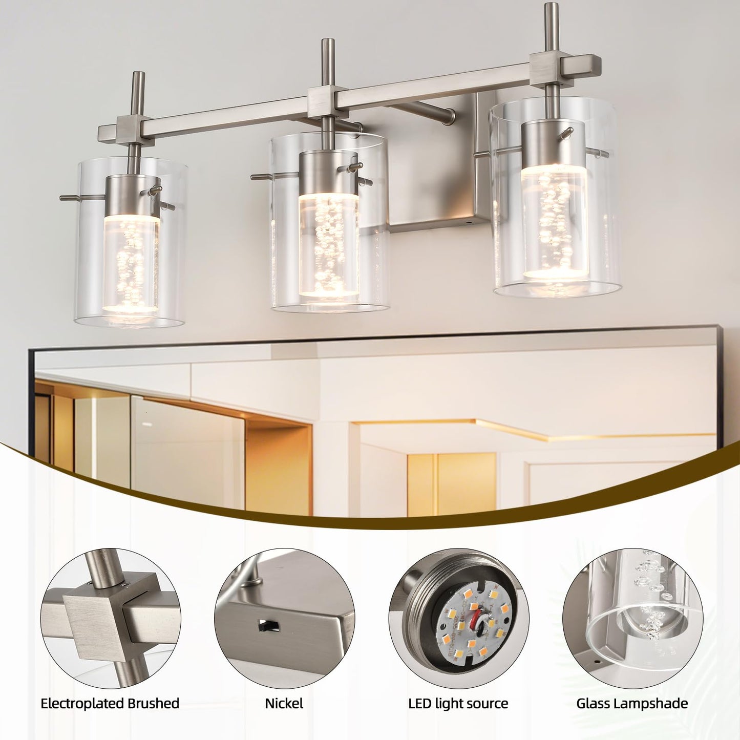 NOVCAND Bathroom Light Fixtures 3-Light, Brushed Nickel Vanity Light Over Mirror Dimmable 3 Color (3000K/4000K/6000K), Eye Protection LED Bathroom