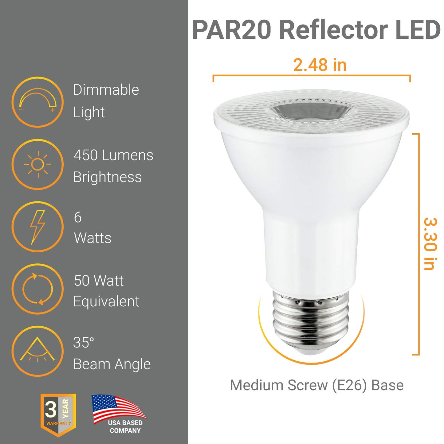 Sunlite LED PAR20 Reflector Light Bulb, 6 Watts (50W Equivalent), 450 Lumens, Dimmable, Spotlight, 1 Pack 30K - Warm White