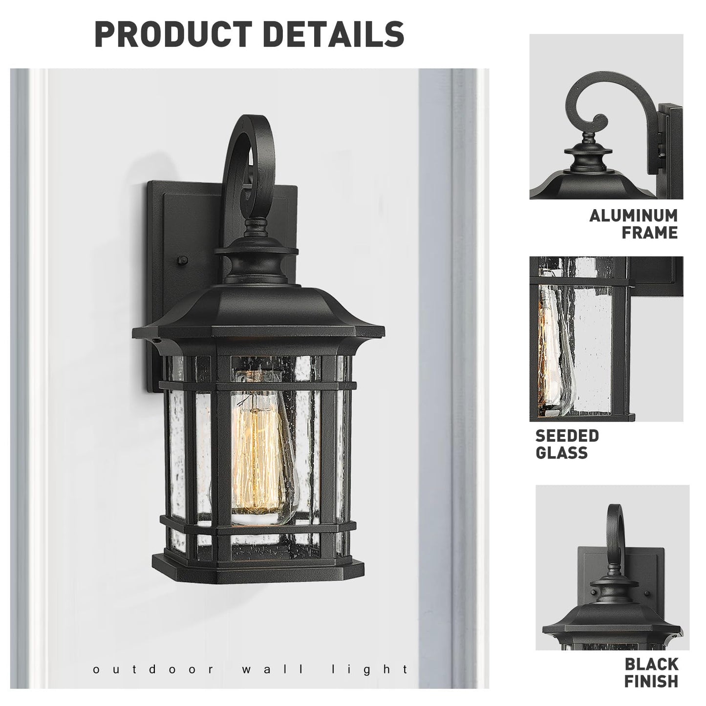 Emliviar Outdoor Wall Lanterns 2 Pack, 1-Light Exterior Wall Mount Light, Black Finish with Clear Seedy Glass, 2084B-2BK