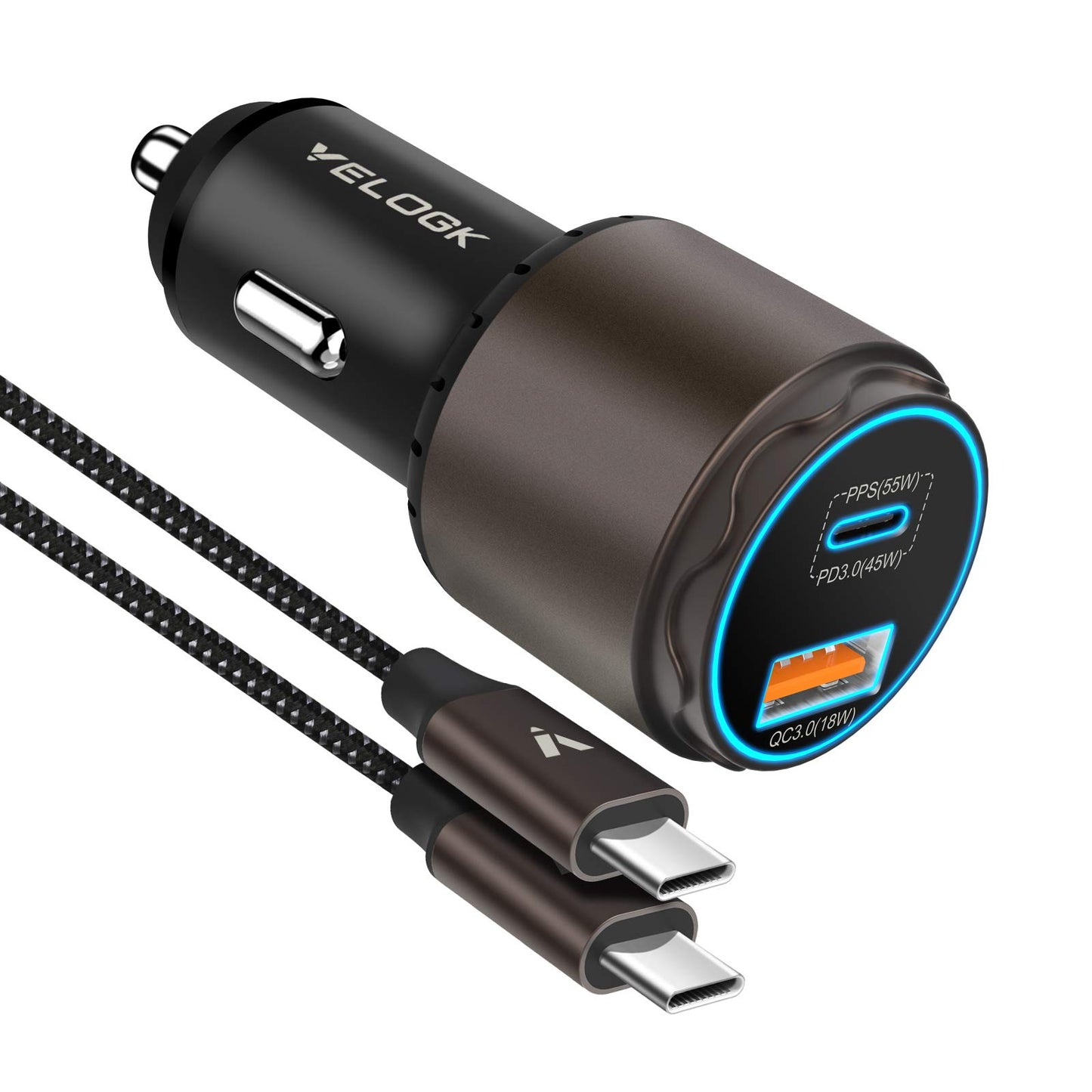 VELOGK Super Fast Type C Car Charger [73W Turbo], Fast Adaptive 55W 45W PPS/PD&QC3.0 USB C Car Adapter[Super Fast Charging 2.0]for Samsung S26/S25
