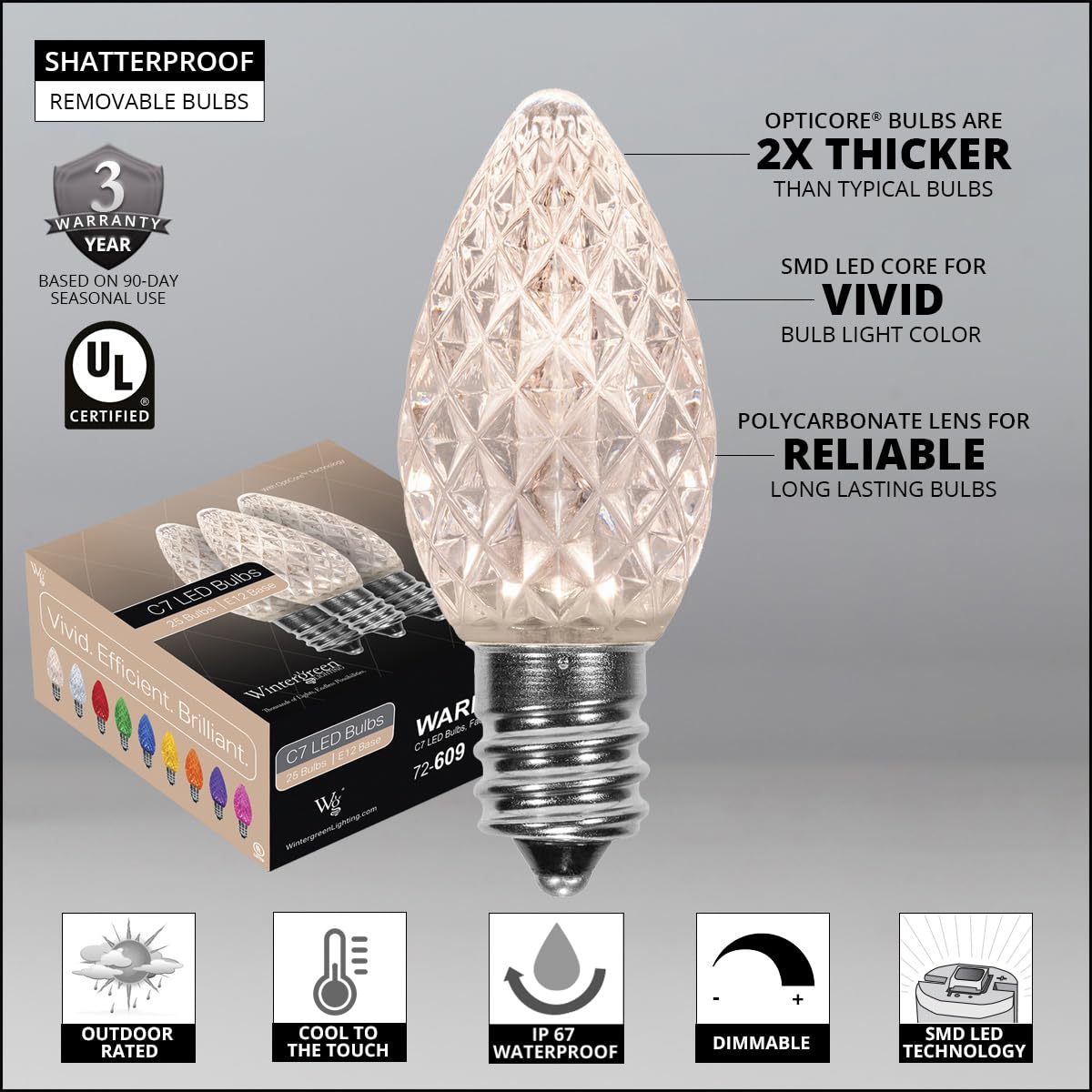 Wintergreen Lighting OptiCore C7 LED Bulbs - 25 Pack Heavy Duty Premium Outdoor Christmas Lights, E12 Base (Warm White Faceted)
